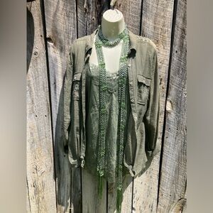 Breezy! Maurice’s light blouse, lacy tank & beaded scarf lot, M, moss green